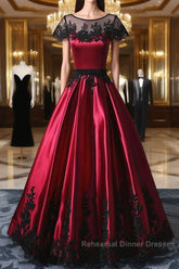 Wine Red Satin Round Neckline With Black Lace Party Dress, Wine Red Semi Formal Prom Dress